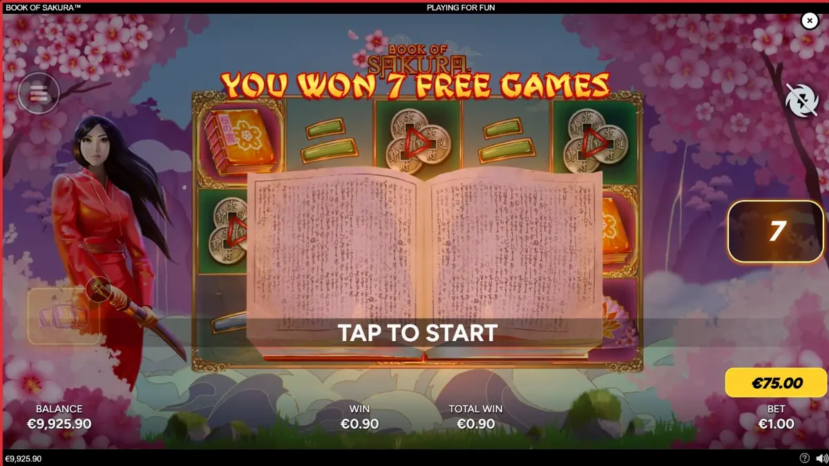 Cenário sereno de flores de cerejeira e uma guerreira japonesa no slot Book of Sakura