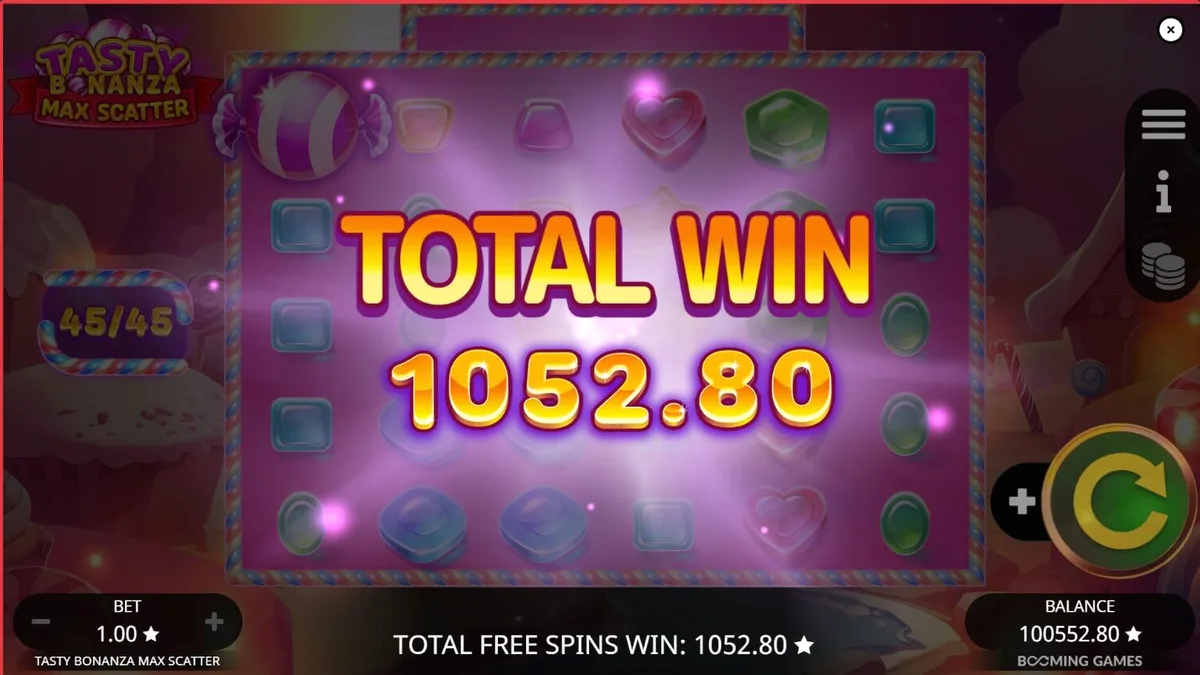 Interface vibrante e colorida do slot Tasty Bonanza Max Scatter com doces e multiplicadores.