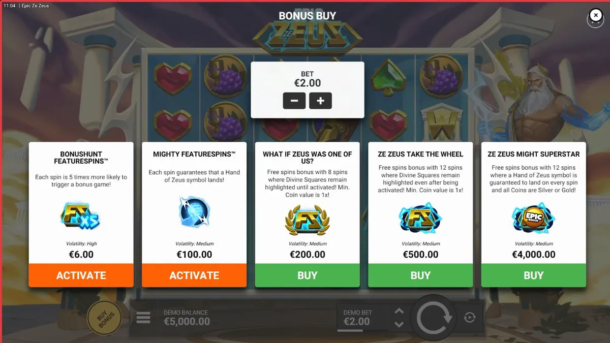 Tela principal do slot Epic Ze Zeus com elementos de mitologia grega e raios