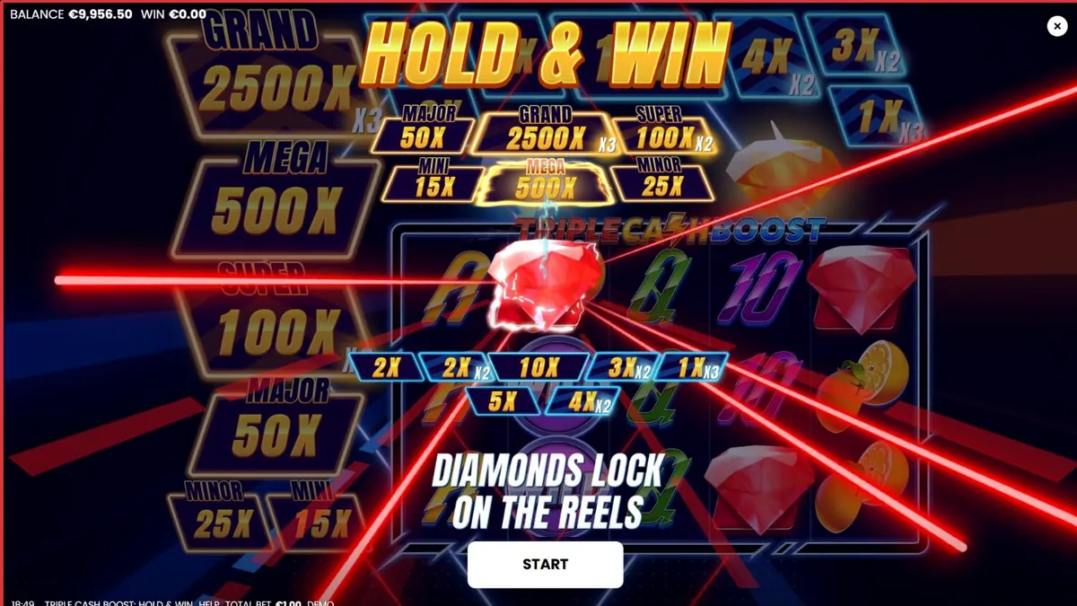 Interface neon do slot Triple Cash Boost com símbolos de frutas e diamantes