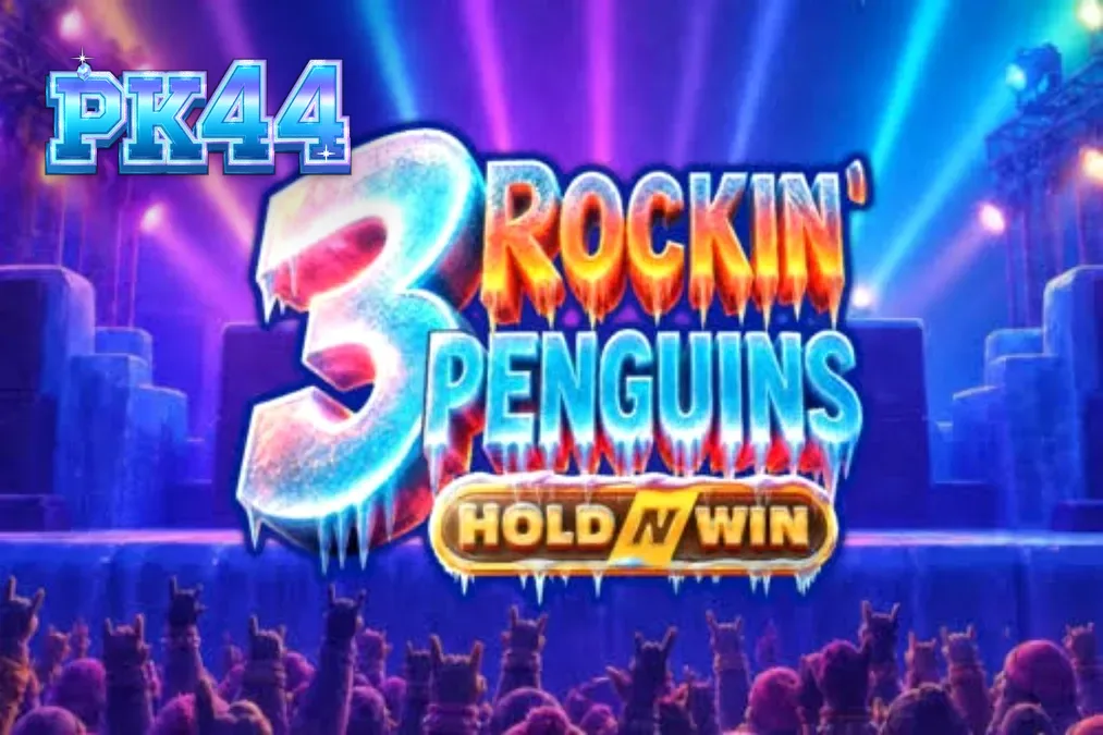 Pinguins músicos em um palco de gelo no slot 3 Rockin’ Penguins